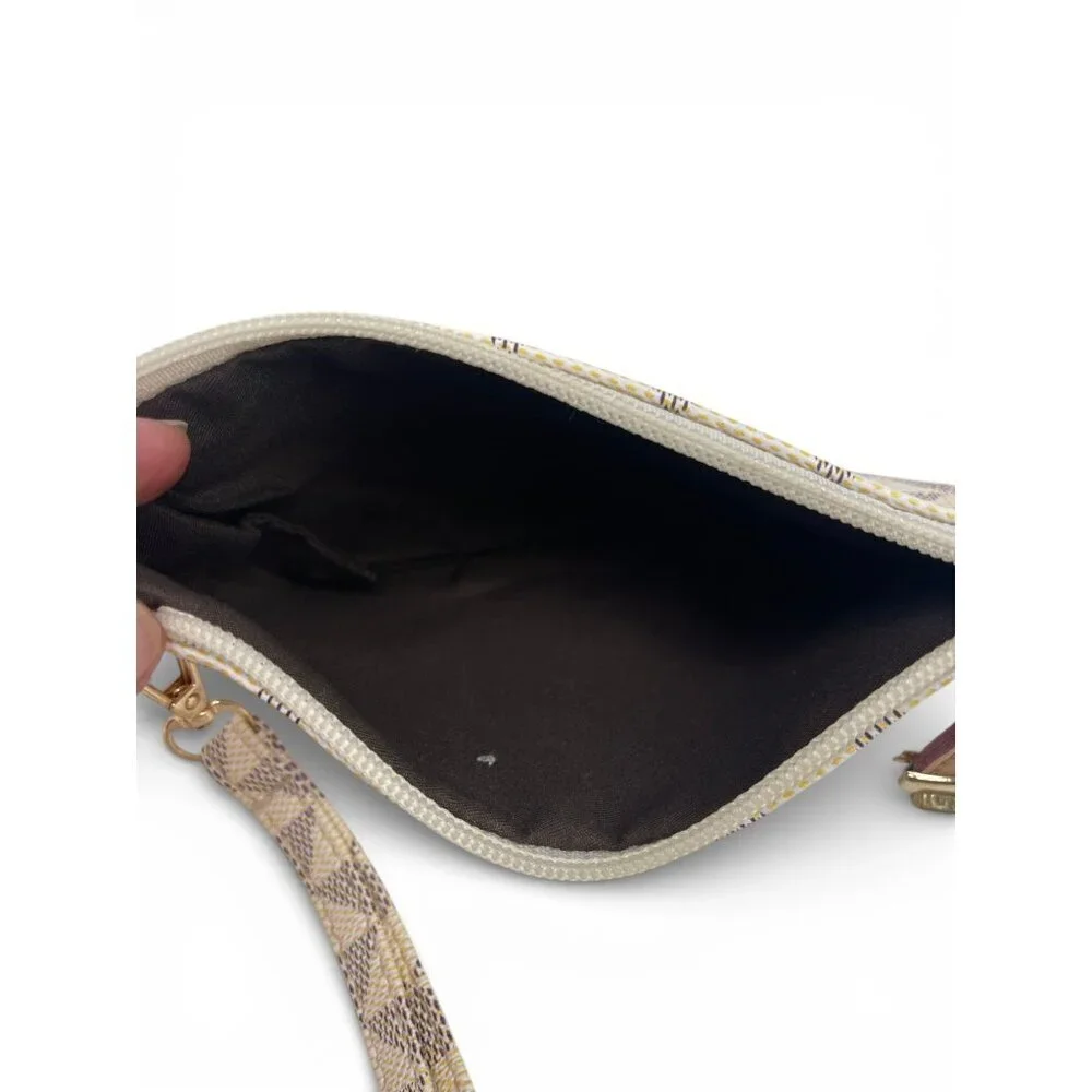Geometric Pattern Beige Wristlet With Gold Accent & Zipper Closure
